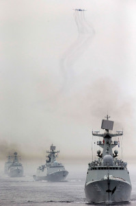 Russia and China are currently conducting naval exercises near Shanghai. In 2013, Russia and China conducted similar exercises near Vladivostok. From right, China's Yantai Type-054A missile destroyer, Yancheng Type-054A missile destroyer, Wuhan Type-052B guided missile destroyer and Lanzhou Type-052C air defence missile destroyer take part in the fleet review during the "Joint Sea-2013" Sino-Russian joint naval drills at the Peter the Great Gulf near Vladivostok in Russia on Wednesday, July 10, 2013. A Chinese fleet consisting of seven naval vessels participated in the "Joint Sea-2013" Sino-Russian joint naval drills scheduled for July 5 to 12. The eight-day maneuvers focus on joint maritime air defense, joint escorts and marine search and rescue operations. (Photo By Sheng Jiapeng/Color China Photo/AP Images)