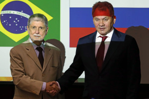 Defense Minister of Brazil, Celso Amorim, receives his counterpart from Russia, Sergei Shoigu, during bilateral meeting in Brasilia.