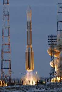 Proton-M rocket blasts off from the Baikonur launch pad in Kazakhstan, Thursday, Dec. 25, 2008. Russia's space agency says three GLONASS-M satellites have been put into orbit by the Proton-M rocket. The satellites launched Thursday will join Russia's Global Navigation Satellite System, or GLONASS. (AP Photo)