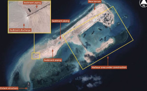 Recent satellite imagery from the Centre national d'études spatiales (CNES) show that China is building an island on Fiery Cross Reef near the Spratly Islands in the South China Sea.