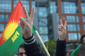Kurdish people, living in Manchester (UK), protesting against the Turkish government for their lack of action against ISIS (also known as IS or ISIL) in the Syrian border town of Kobane. (Photo by Jonathan Nicholson/NurPhoto/Sipa USA)