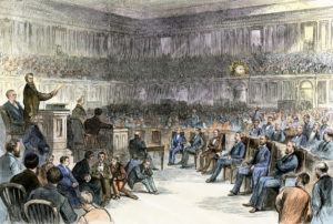 Counting electoral votes after the contested 1876 Tilden-Hayes Election, February 1877. Hand-colored woodcut of a 19th-century illustration. (North Wind Picture Archives via AP Images)