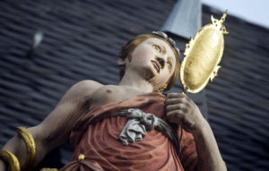 ‘Prudentia’ sculpture on roof of 16th century town hall, Gross-Umstadt, Germany. Photo by: Frank Rumpenhorst/picture-alliance/dpa/AP Images